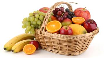 Abundant Fruit Basket Display Fresh Apples, Grapes, Oranges, and Bananas on White Background photo
