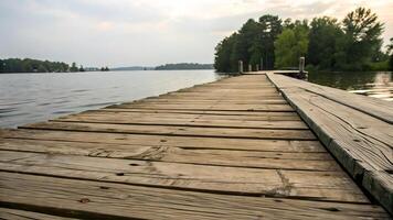 Rustic Wooden Dock Over Calm Lake Waters at Dawn photo