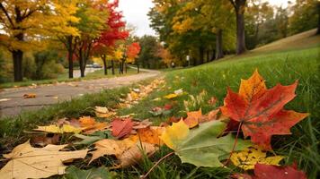 Vibrant Autumn Leaves Displaying Seasonal Color Change on Green Grass Park Path photo