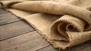 Rolled Burlap Fabric on Rustic Wood Surface, Close up Texture and Neutral Tones photo
