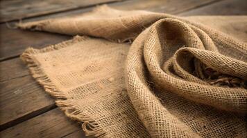 Rustic Burlap Fabric Texture on Wood, Natural Cotton Canvas Background in Beige Brown Tones for Design photo