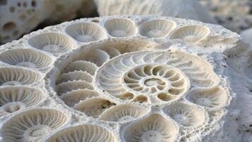 Macro View of White Fossil Coral with Spiral Patterns and Porous Texture photo