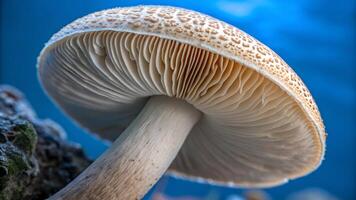 Mushroom Close Up Detailed Fungi Texture, Gills, and Stem Against Vivid Blue Backdrop, Captured in Macro Detail photo