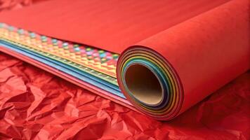Vibrant Colorful Paper Roll on Crinkled Red Paper Background, Artistic Craft Material Close Up photo