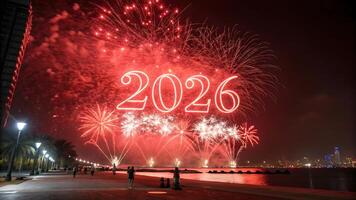 Spectacular Red Fireworks Celebrate 2026 New Year photo