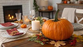 Cozy Autumn Thanksgiving Table Setting with Pumpkin photo
