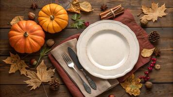 Rustic Thanksgiving Table Setting with Pumpkins and Autumn Leaves photo