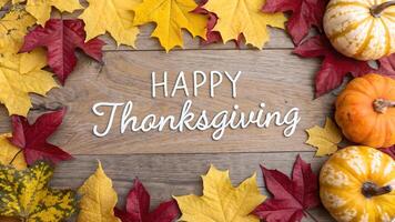 Happy Thanksgiving Autumn Scene with Pumpkins and Maple Leaves photo