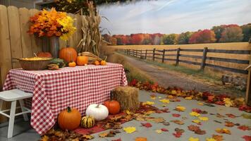 Thanksgiving Autumn Harvest Table Setting Rustic Fall Background photo