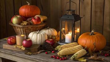 Thanksgiving Harvest Still Life with Pumpkins Apples Corn and Lantern photo