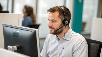 Focused Customer Service Representative Working at Computer photo
