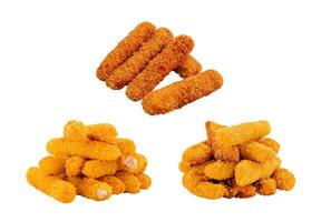 Various types of golden fried snacks arranged on a white background photo