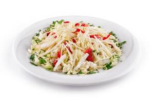Fresh napa cabbage salad with red bell pepper and parsley on white plate photo
