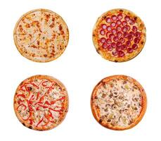 Variety of delicious pizza types displayed on a white background showcasing toppings and crust styles photo