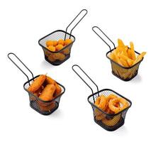 Various fried snacks served in metal baskets at a casual eatery photo