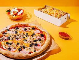 Delicious pizza with salad and fries on vibrant background photo