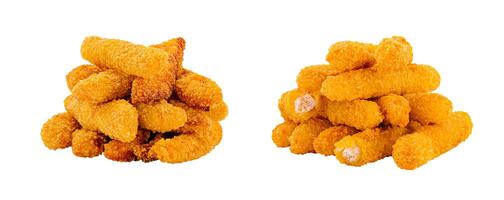 Crispy golden fried snacks stacked on a white background photo