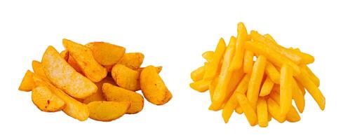 Comparing two popular types of potato fries on a white background photo
