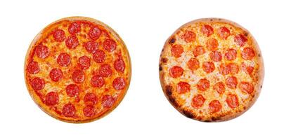 Compare two styles of pepperoni pizza on a white background photo