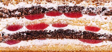 Layered dessert with cherries and cream in a close-up view photo
