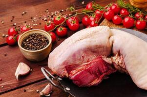 Preparing fresh meat and ingredients for a delicious meal photo