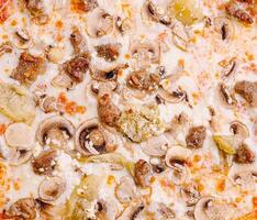 Tasty pizza with mushrooms and savory toppings ready to enjoy photo
