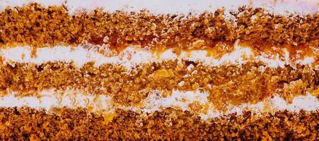 Delicious cake layers showing filling and frosting texture close up photo