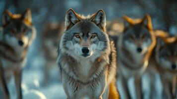 Majestic wolves roaming in snowy wilderness photo