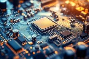 Close up view of a modern computer microchip circuit board photo