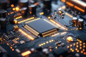 Central processing unit on circuit board glowing with data flowing photo