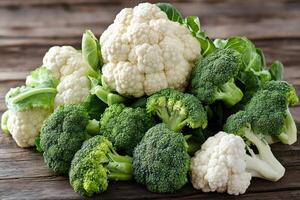 Fresh broccoli and cauliflower on rustic wooden table . photo