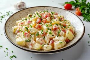 Creamy potato salad with bacon and chives dressing photo