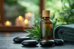 Tranquil spa setting with essential oils and stones photo