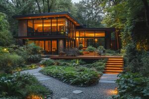 Modern glass house surrounded by lush forest photo