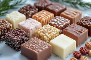 Delicious assorted cubes of chocolate pralines resting on marble surface photo