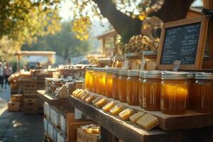 Jars and honeycombs displayed on wooden table at outdoor market photo