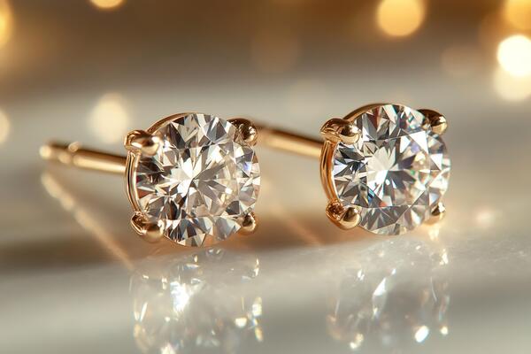 Pair of sparkling diamond earrings reflecting golden light