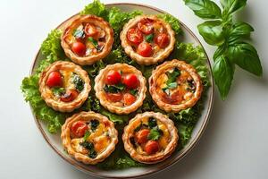 Mini quiches with cherry tomatoes, spinach, and basil resting on lettuce on a plate photo