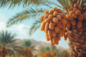 Bunch of dates hanging from palm tree in plantation under blue sky photo