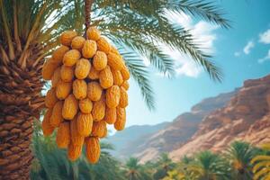 Bunch of yellow dates hanging from palm tree in oasis with mountains in background photo