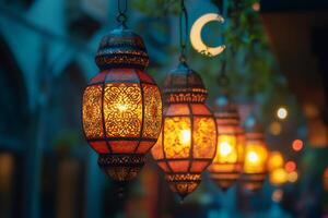 Ornate lanterns illuminating evening with crescent moon in background photo