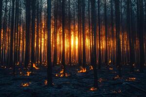 Forest fire burning at sunset creating a dramatic scene photo