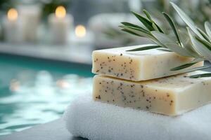 Luxurious spa setting with natural soap bars photo