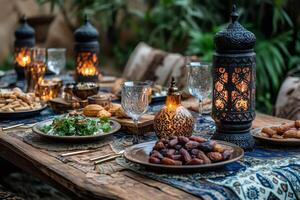 Traditional moroccan food displayed on table with lanterns illuminating festive scene photo