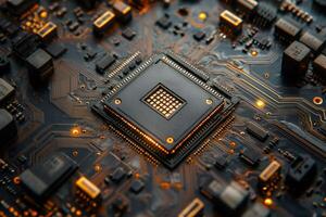 Intricate circuit board with central microchip design photo