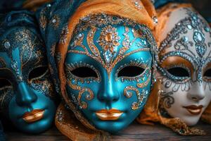 Venetian carnival masks with gold and jewels resting on wooden surface photo