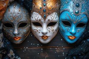 Ornate venetian masks with intricate designs photo