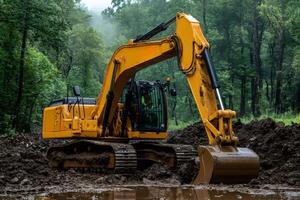 Yellow excavator digging in a muddy forest area photo