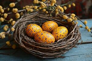 Vibrant patterned eggs resting in rustic nest photo