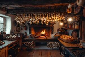 Cozy rustic kitchen with fireplace and hanging onions photo
